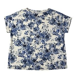 J Jill Floral Luxe Supima Short Sleeve Top Size XL White/Blue Round Neck Basic